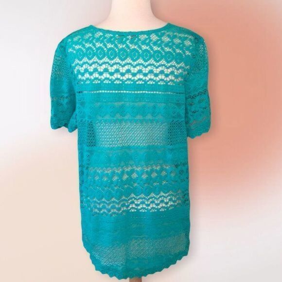 COLDWATER Creek Turquoise Lace Open Weave Swimsuit Cover Tunic L 14 - Picture 6 of 10